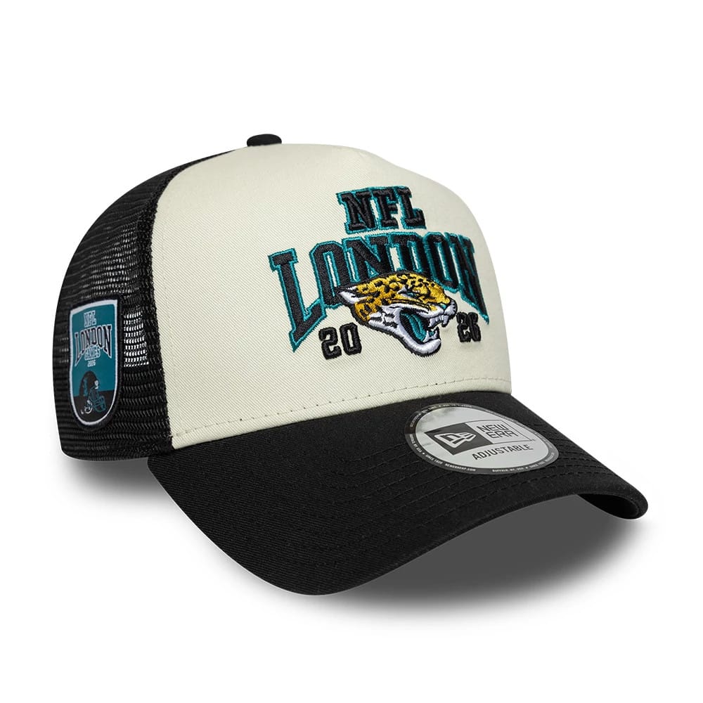 Pictured is this NFL International Series Games 2026 London Jacksonville Jaguars 9FORTY A-Frame Trucker cap in black. 1