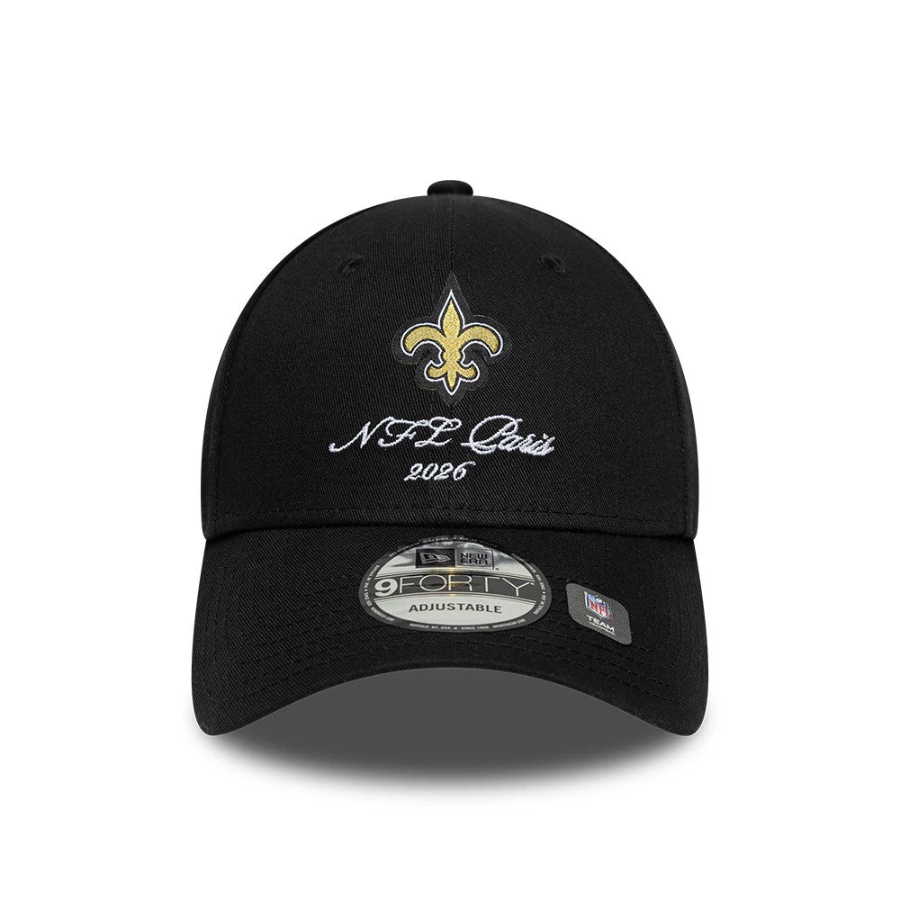 Pictured is this NFL International Games 2026 Paris New Orleans Saints 9FORTY cap in black. 3
