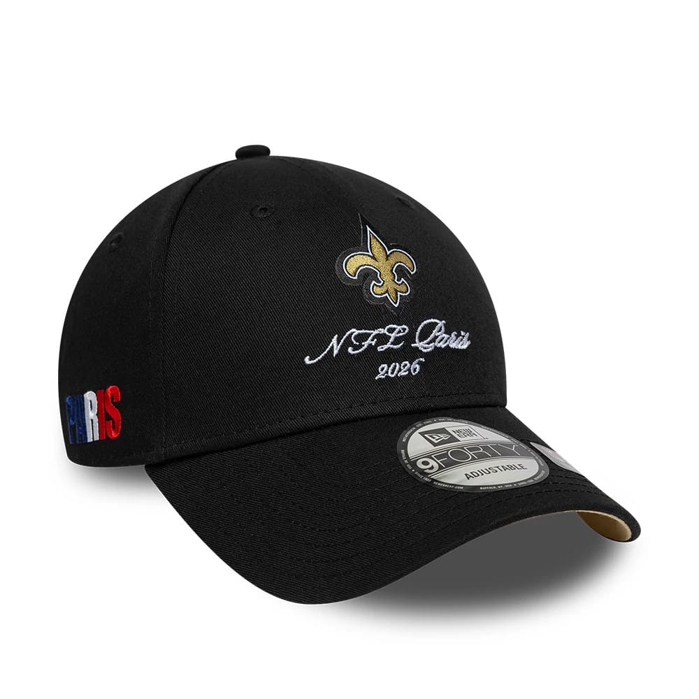 Pictured is this NFL International Series Games 2026 Paris New Orleans Saints 9FORTY cap in black. 1