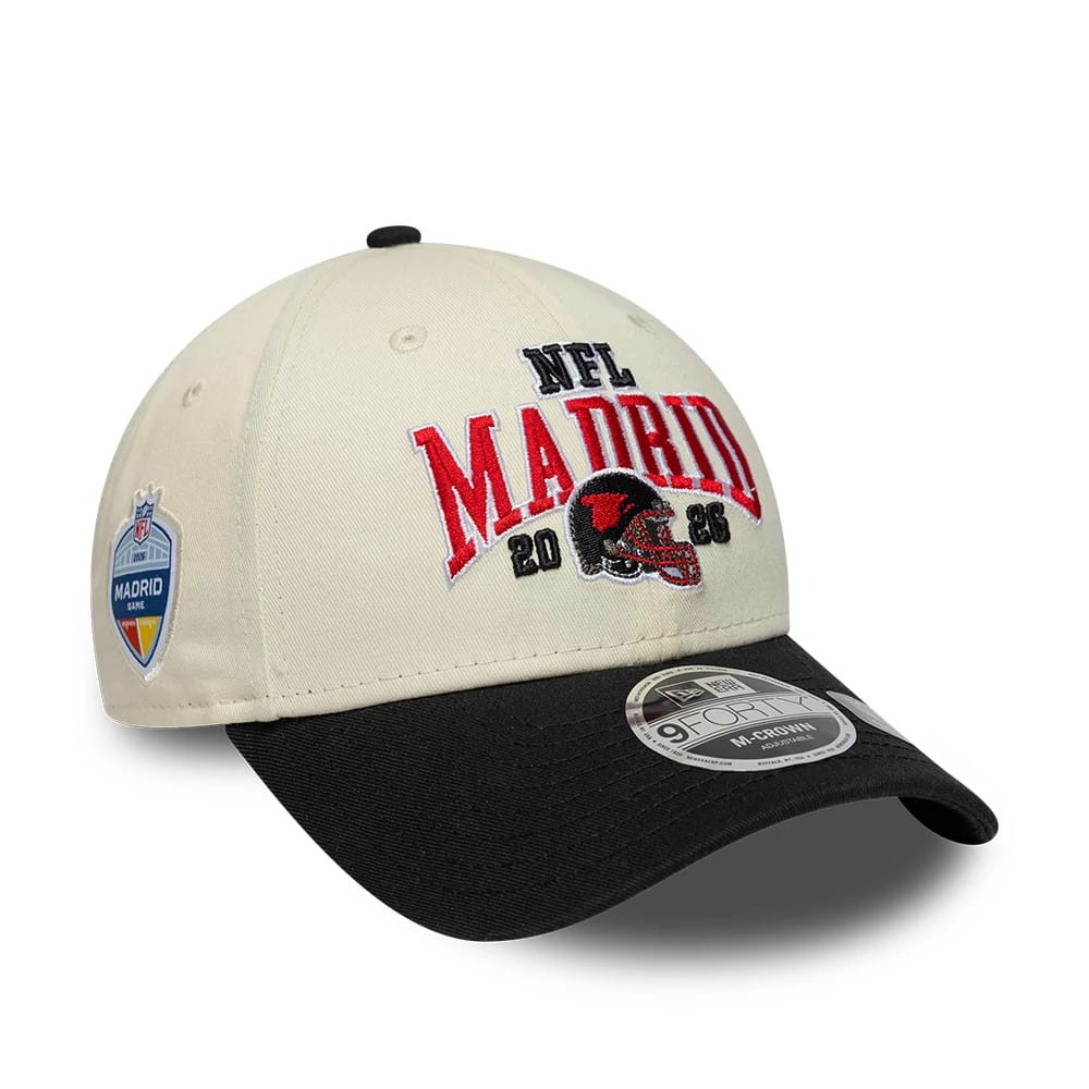 Pictured is this NFL International Series Games 2026 Madrid Atlanta Falcons 9FORTY M-Crown cap in white & black. 1