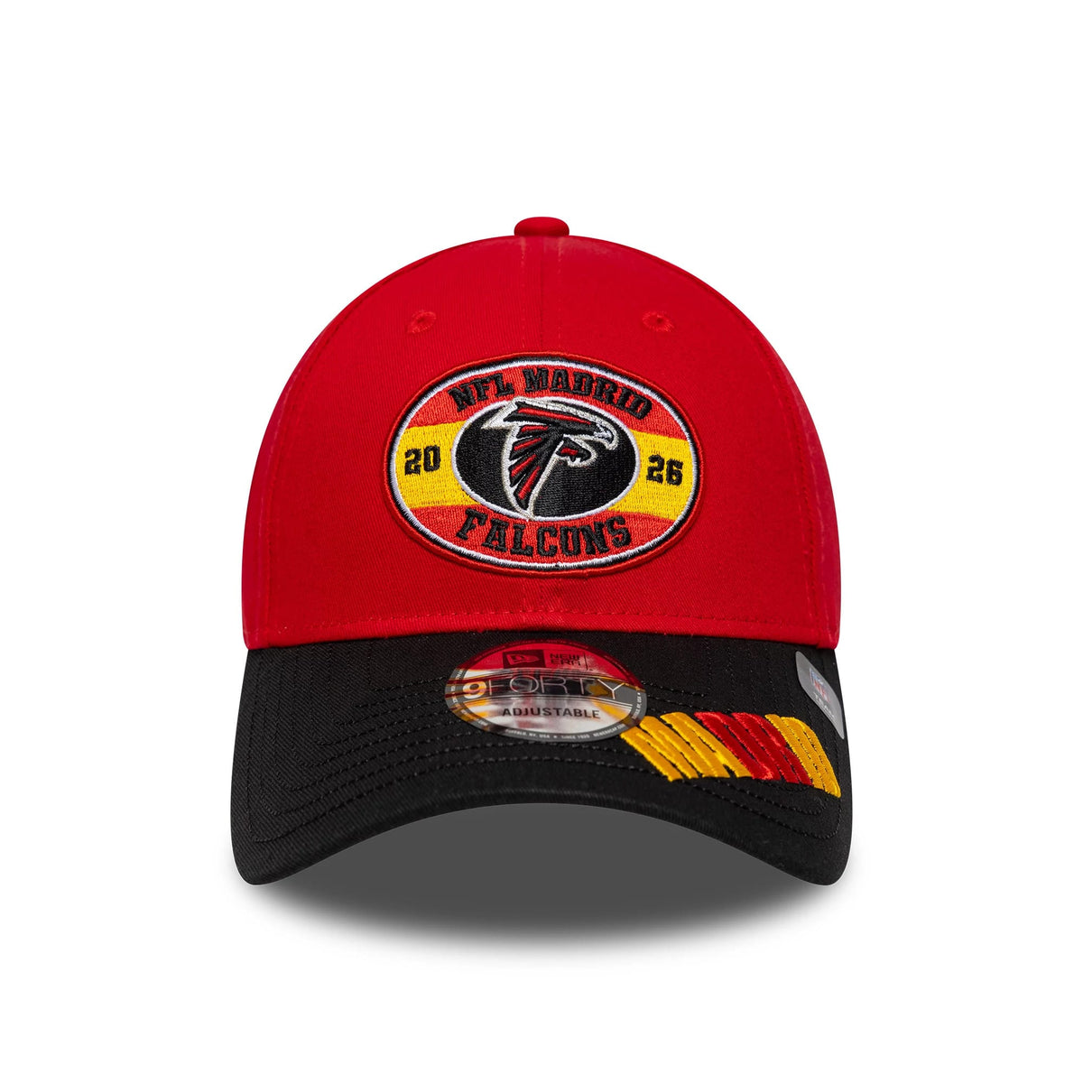 Pictured is this NFL International Series Games 2026 Madrid Atlanta Falcons 9FORTY cap in red & black. 2