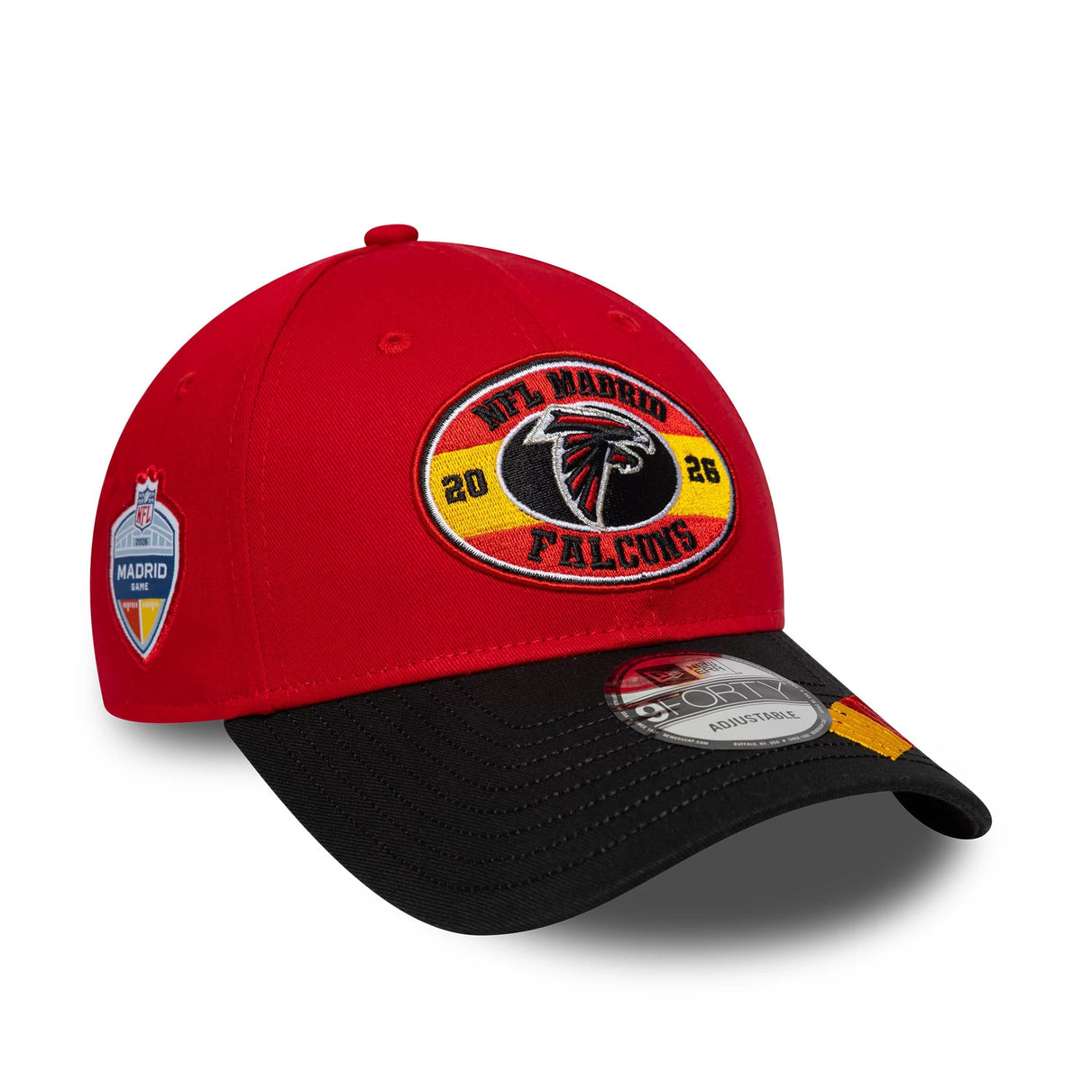 Pictured is this NFL International Series Games 2026 Madrid Atlanta Falcons 9FORTY cap in red & black. 3