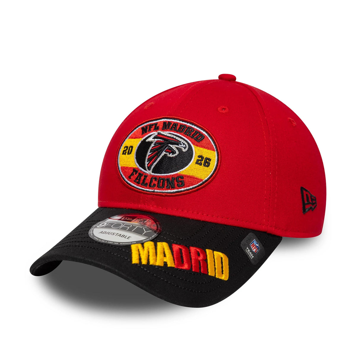 Pictured is this NFL International Series Games 2026 Madrid Atlanta Falcons 9FORTY cap in red & black. 1