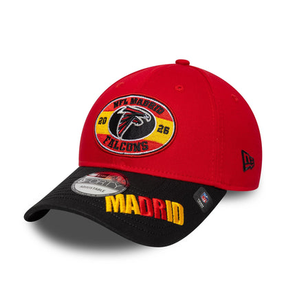Pictured is this NFL International Series Games 2026 Madrid Atlanta Falcons 9FORTY cap in red & black. 1