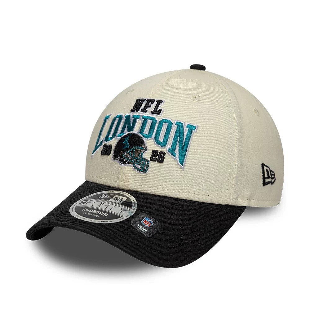 Pictured is this NFL International Games 2026 London Jacksonville Jaguars 9FORTY M-Crown cap in white & black. 3