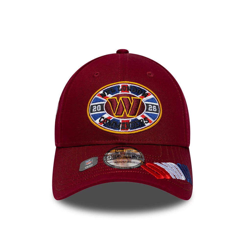 Pictured is this NFL International Games 2026 London Washington Commanders 9FORTY cap in dark red. 2