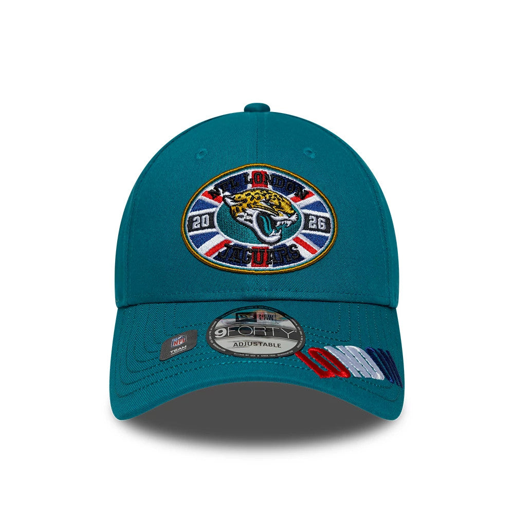 Pictured is this NFL International Games 2026 London Jacksonville Jaguars 9FORTY cap in turquoise. 2