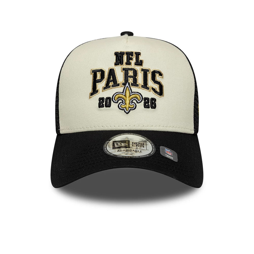 Pictured is this NFL International Games 2026 Paris New Orleans Saints 9FORTY A-Frame Trucker cap in black. 2