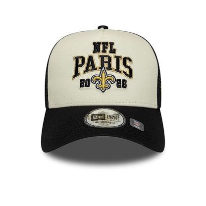 Pictured is this NFL International Series Games 2026 Paris New Orleans Saints 9FORTY A-Frame Trucker cap in black. 2