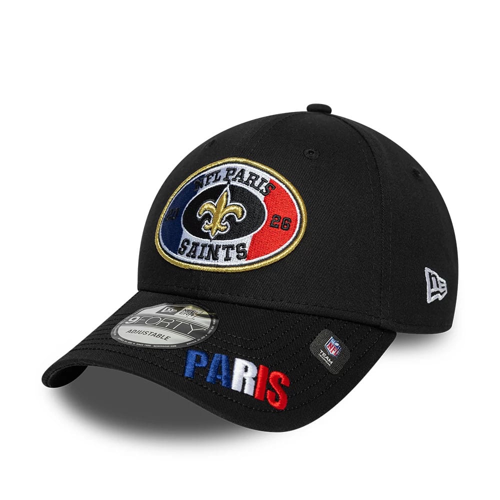 Pictured is this NFL International Series Games 2026 Paris New Orleans Saints 9FORTY cap in black. 1
