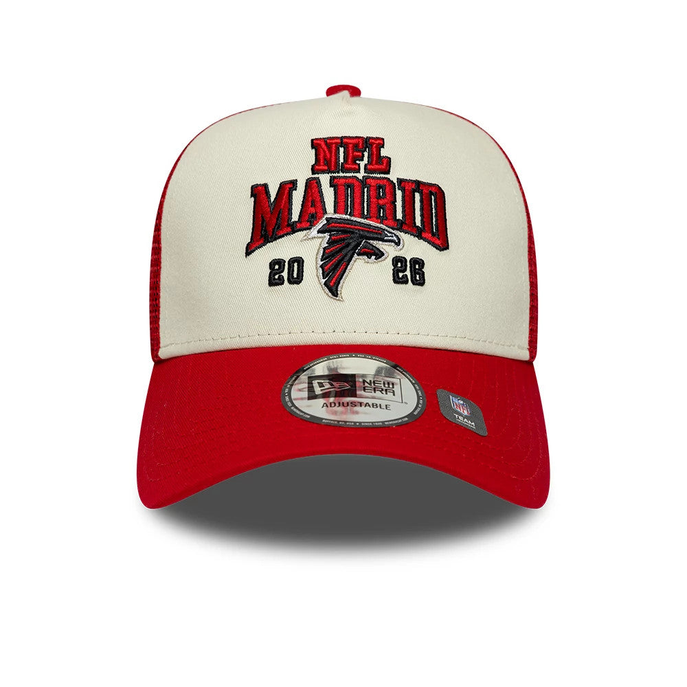 Pictured is this NFL International Games 2026 Madrid Atlanta Falcons 9FORTY A-Frame Trucker cap in red. 2