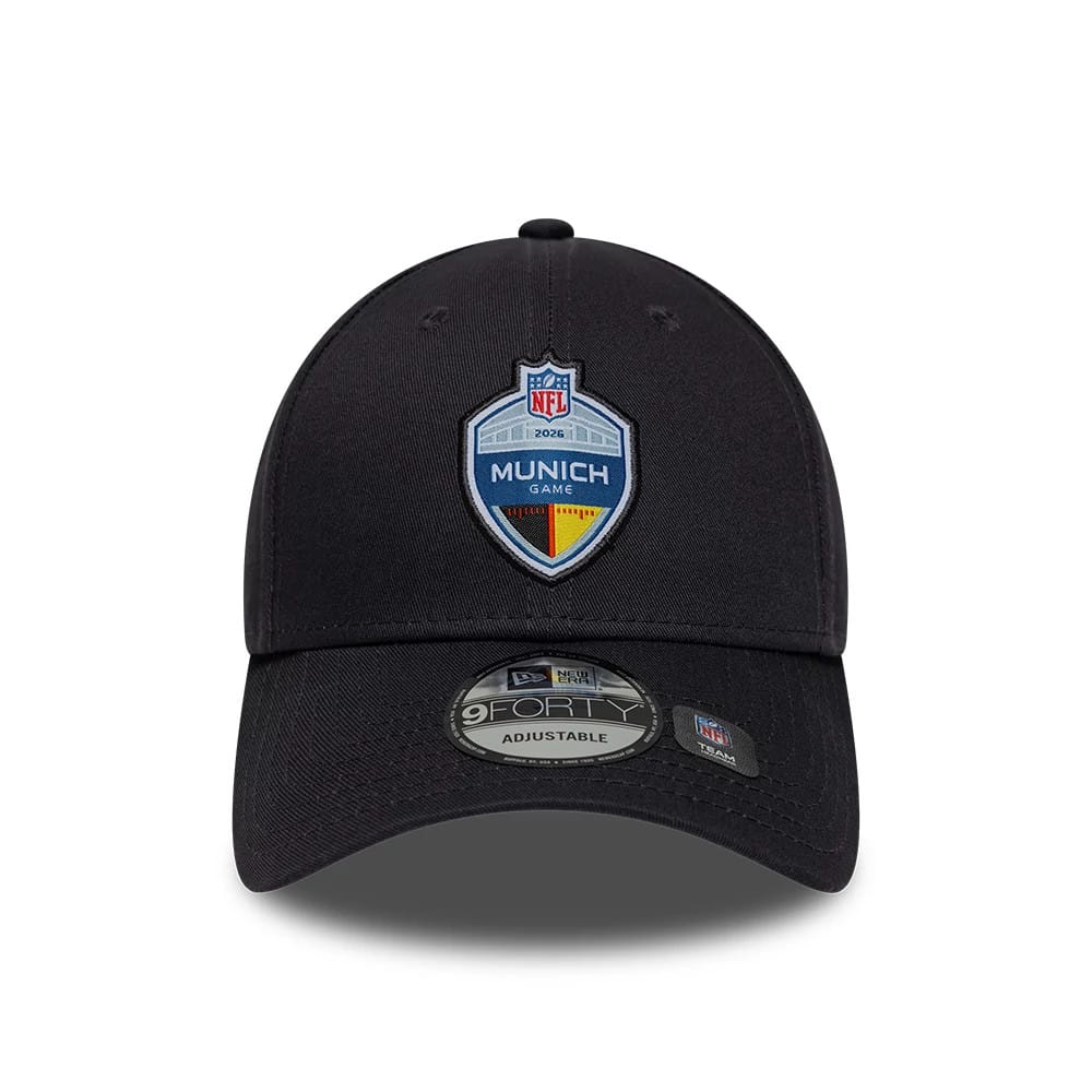 Pictured is this NFL International Series Games 2026 Munich 9FORTY cap in dark grey. 2
