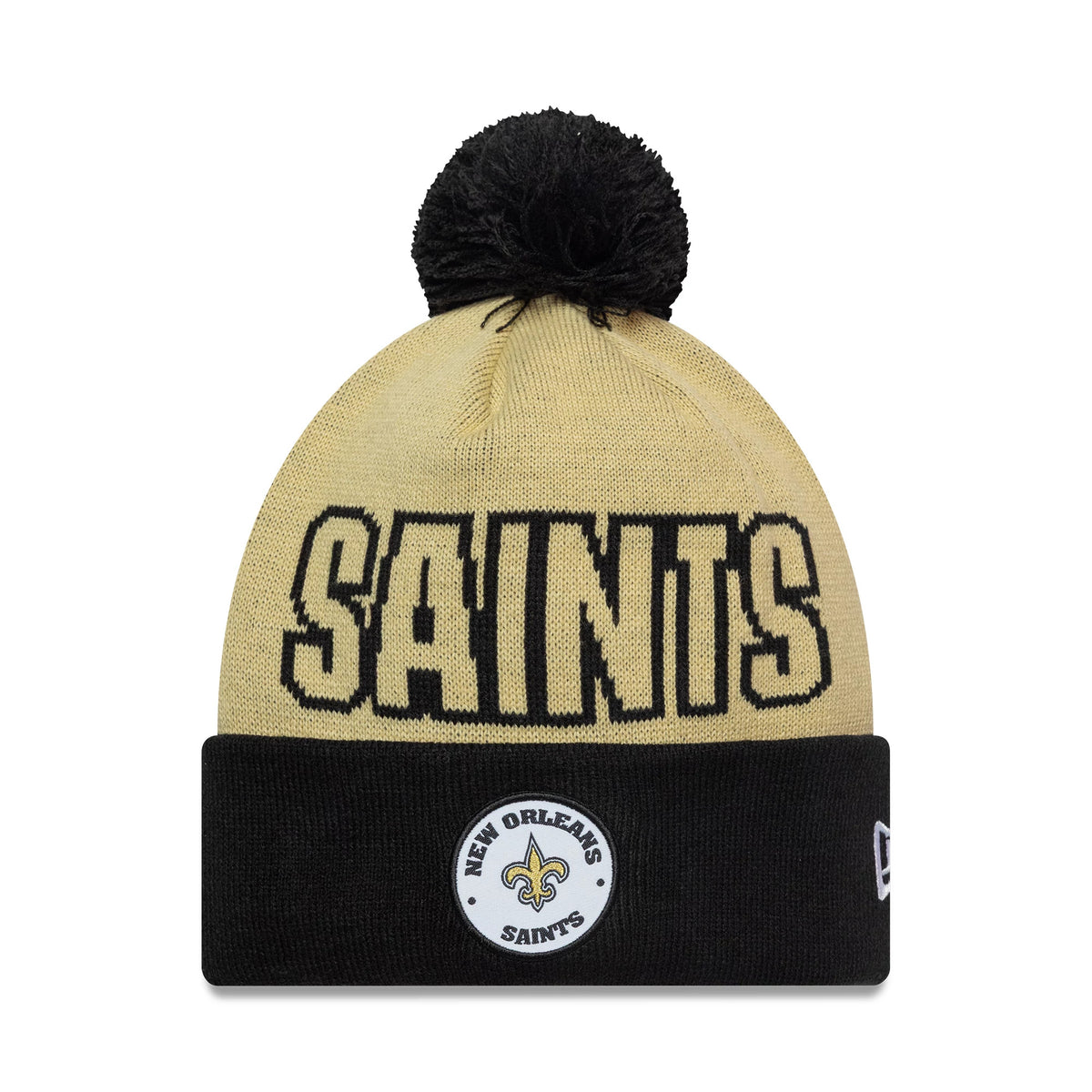 Pictured is this NFL International Games 2026 Paris New Orleans Saints Cuff Knit Beanie hat in light beige. 1