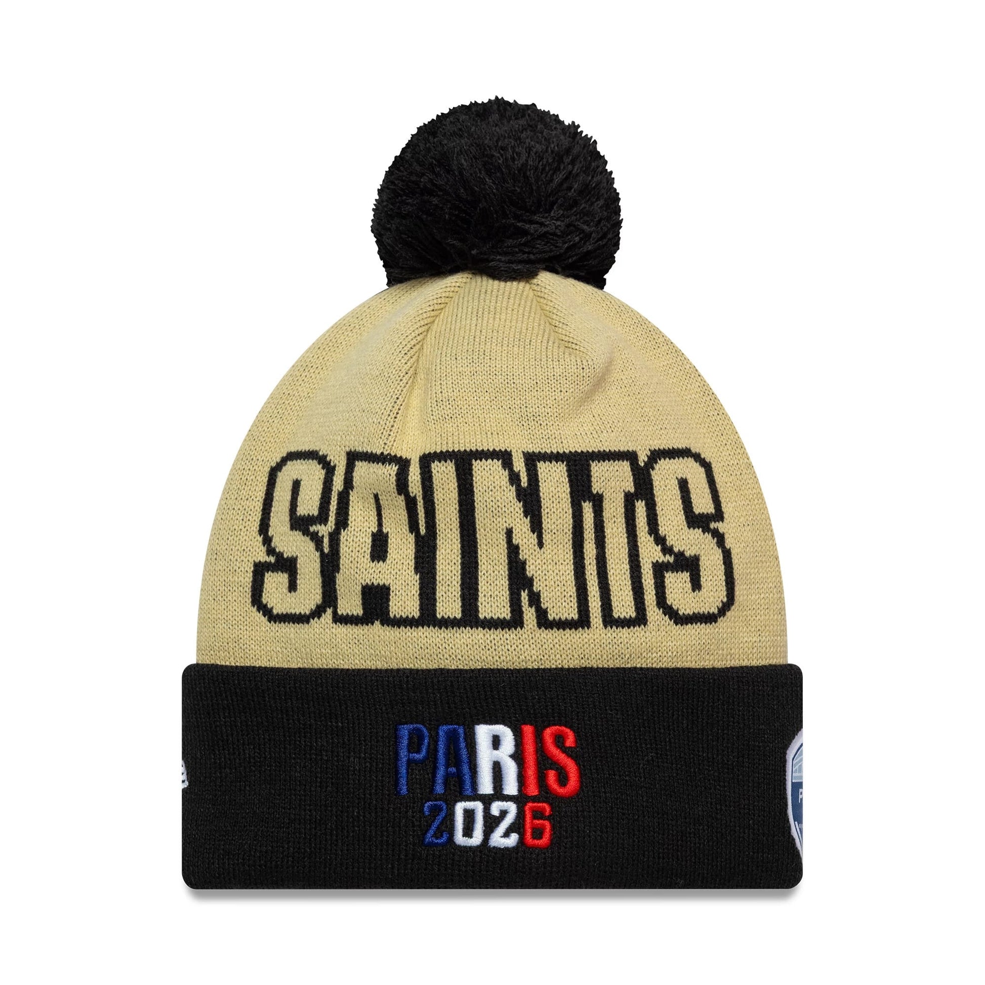 Pictured is this NFL International Series Games 2026 Paris New Orleans Saints Cuff Knit Beanie hat in light beige. 2