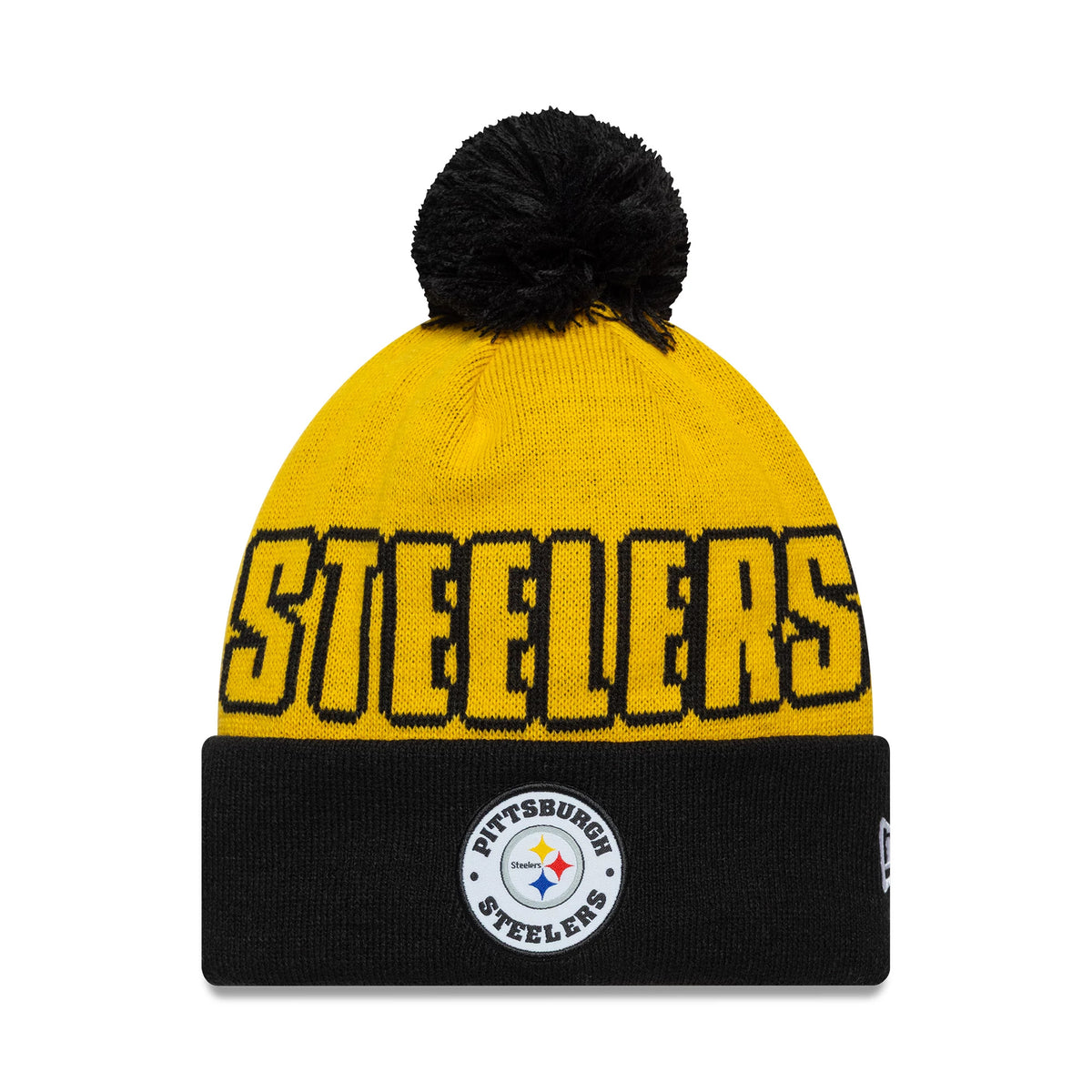 New Era Pittsburgh Steelers NFL International Games 2026 Paris Dark Yellow Cuff Knit Beanie Hat, front view showing a large black Steelers text across the yellow upper section, a black cuff with circular Steelers logo patch.
