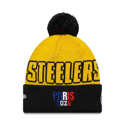 Pictured is this NFL International Series Games 2026 Paris Pittsburgh Steelers Cuff Knit Beanie hat in dark yellow. 2