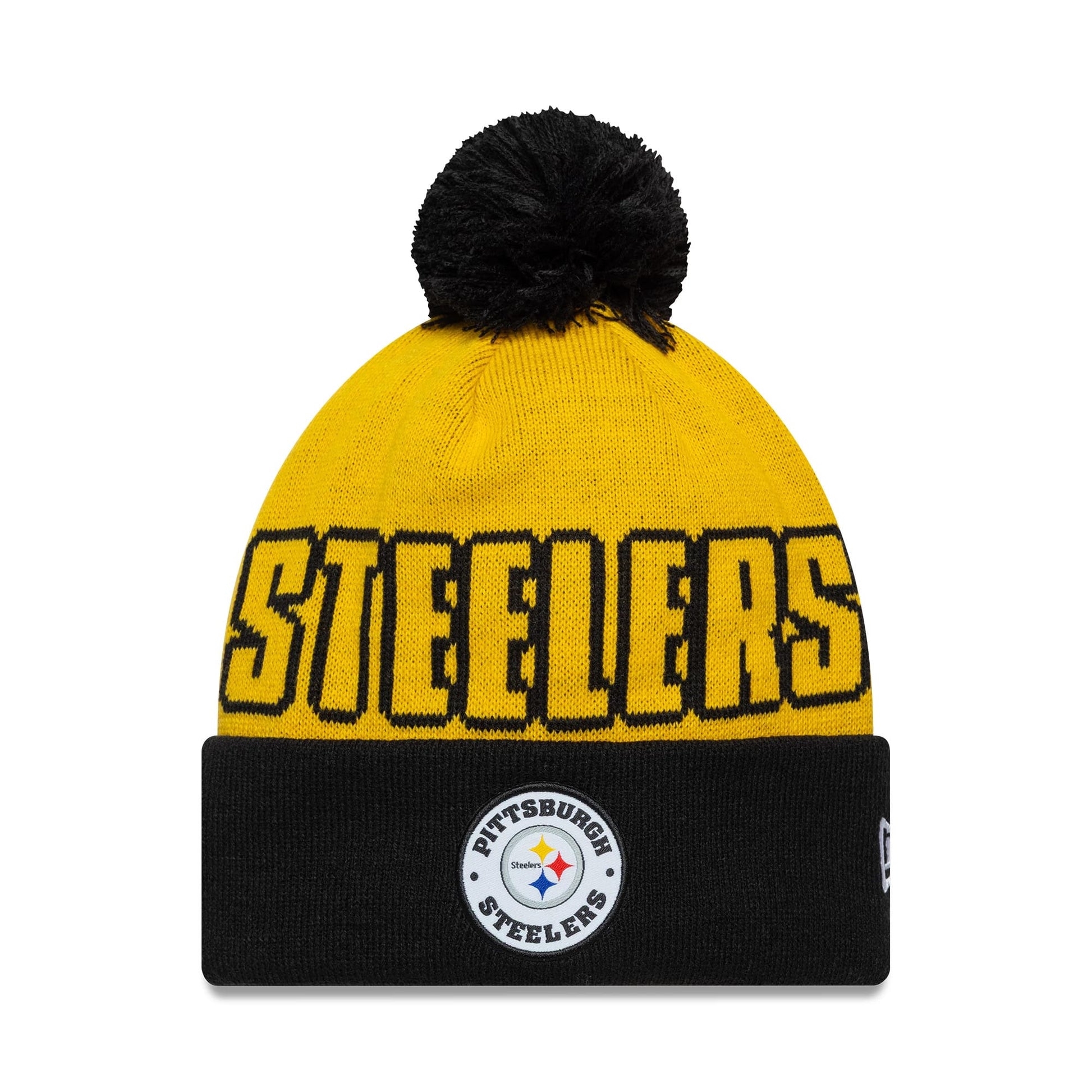 Pictured is this NFL International Series Games 2026 Paris Pittsburgh Steelers Cuff Knit Beanie hat in dark yellow. 1