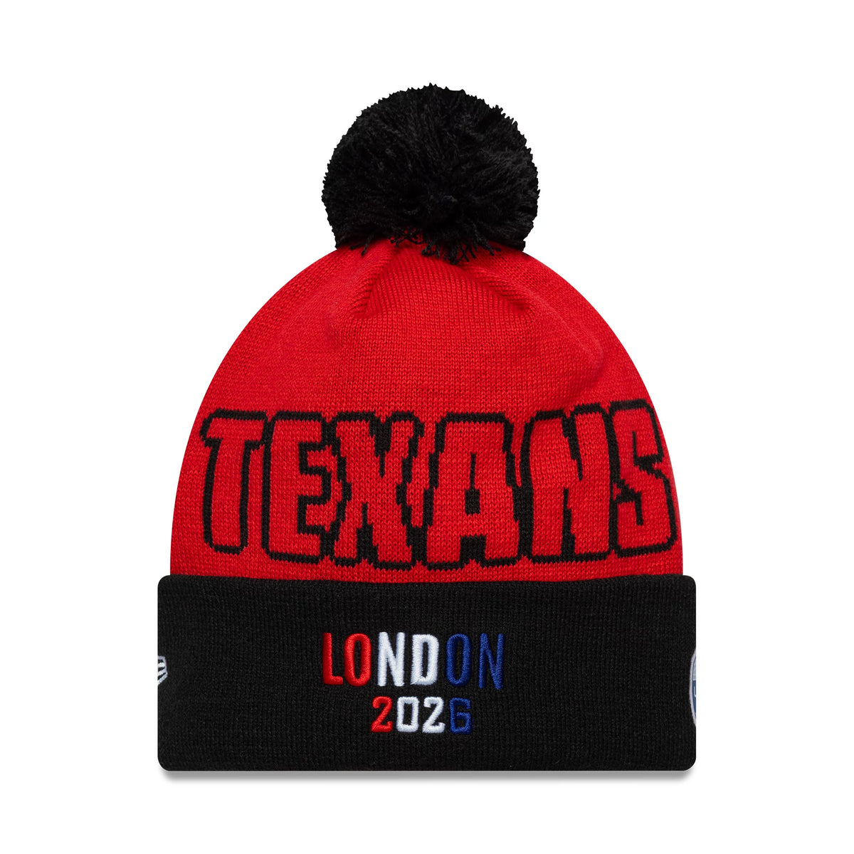 Pictured is this NFL International Games 2026 London Houston Texans Cuff Knit Beanie hat in red. 2