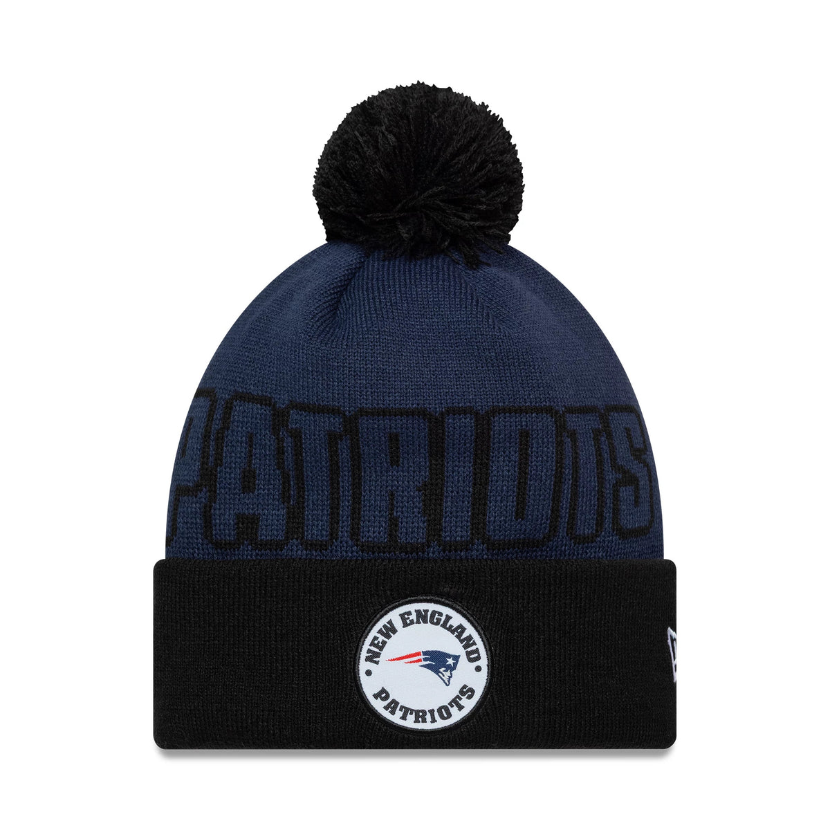 Pictured is this NFL International Games 2026 Munich New England Patriots Cuff Knit Beanie hat in dark blue. 1