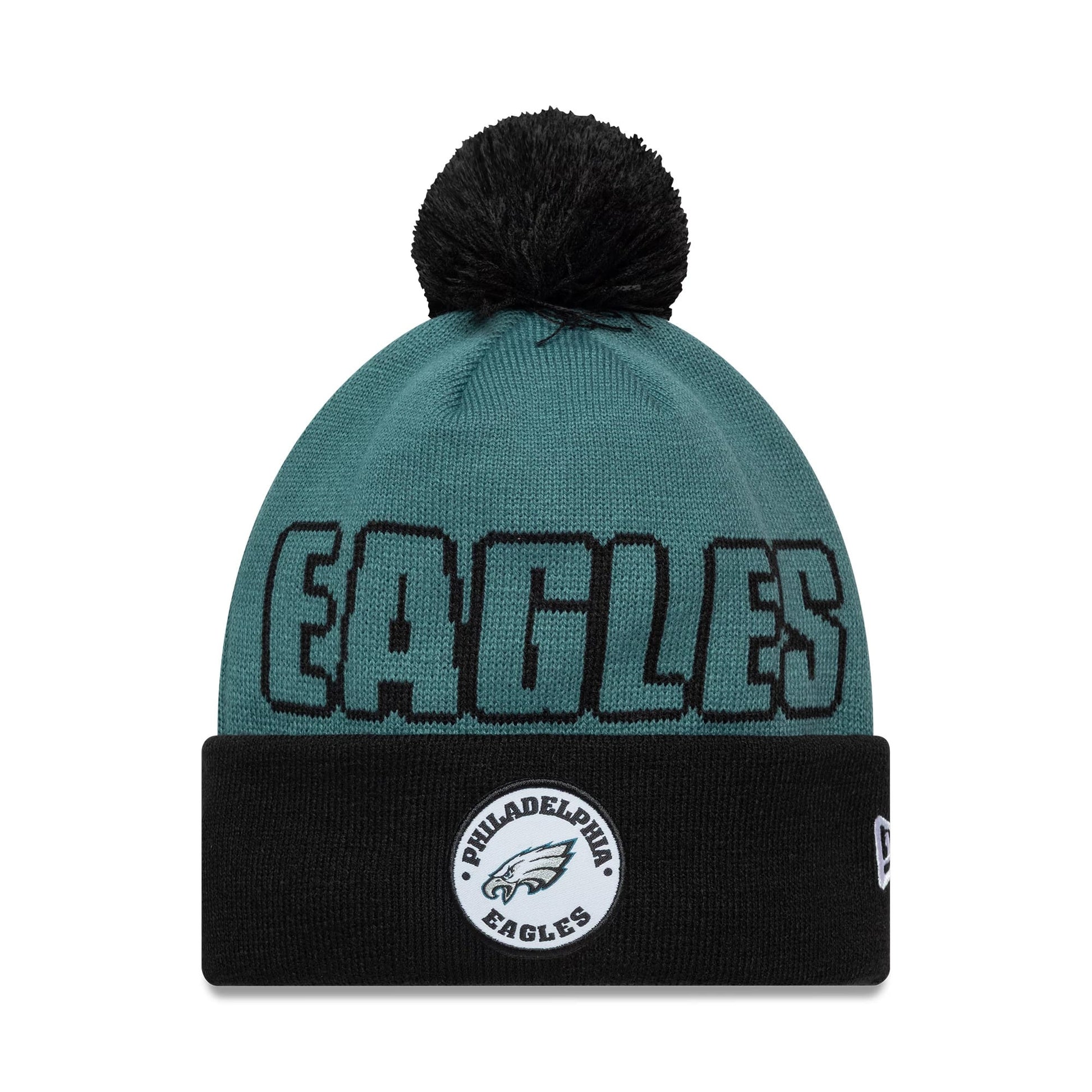 Pictured is this NFL International Series Games 2026 London Philadelphia Eagles Cuff Knit Beanie hat in dark green. 1