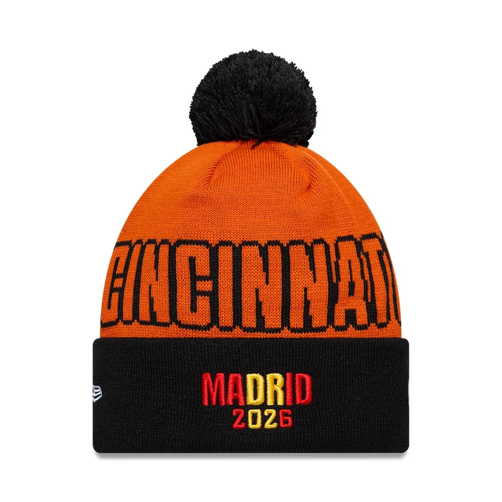 Pictured is this NFL International Series Games 2026 Madrid Cincinnati Bengals Cuff Knit Beanie hat in orange. 2
