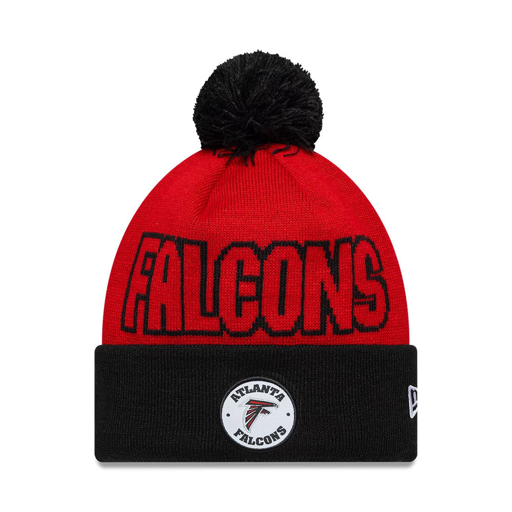 Pictured is this NFL International Games 2026 Madrid Atlanta Falcons Cuff Knit Beanie hat in red. 1