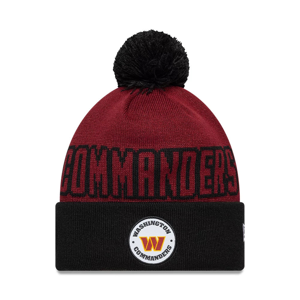 Pictured is this NFL International Games 2026 London Washington Commanders Cuff Knit Beanie hat in dark red. 1