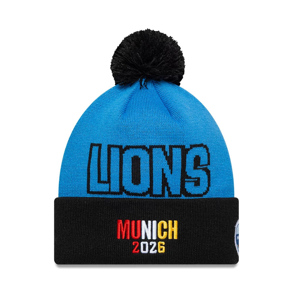 Pictured is this NFL International Games 2026 Munich Detroit Lions Cuff Knit Beanie hat in blue. 2