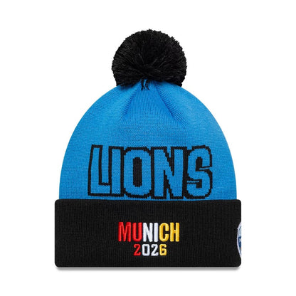Pictured is this NFL International Series Games 2026 Munich Detroit Lions Cuff Knit Beanie hat in blue. 2