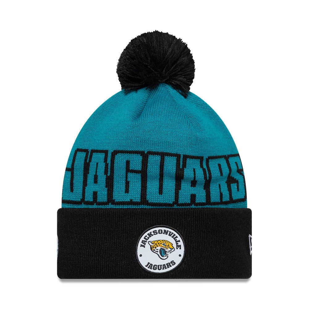 Pictured is this NFL International Games 2026 London Jacksonville Jaguars Cuff Knit Beanie hat in turquoise. 1