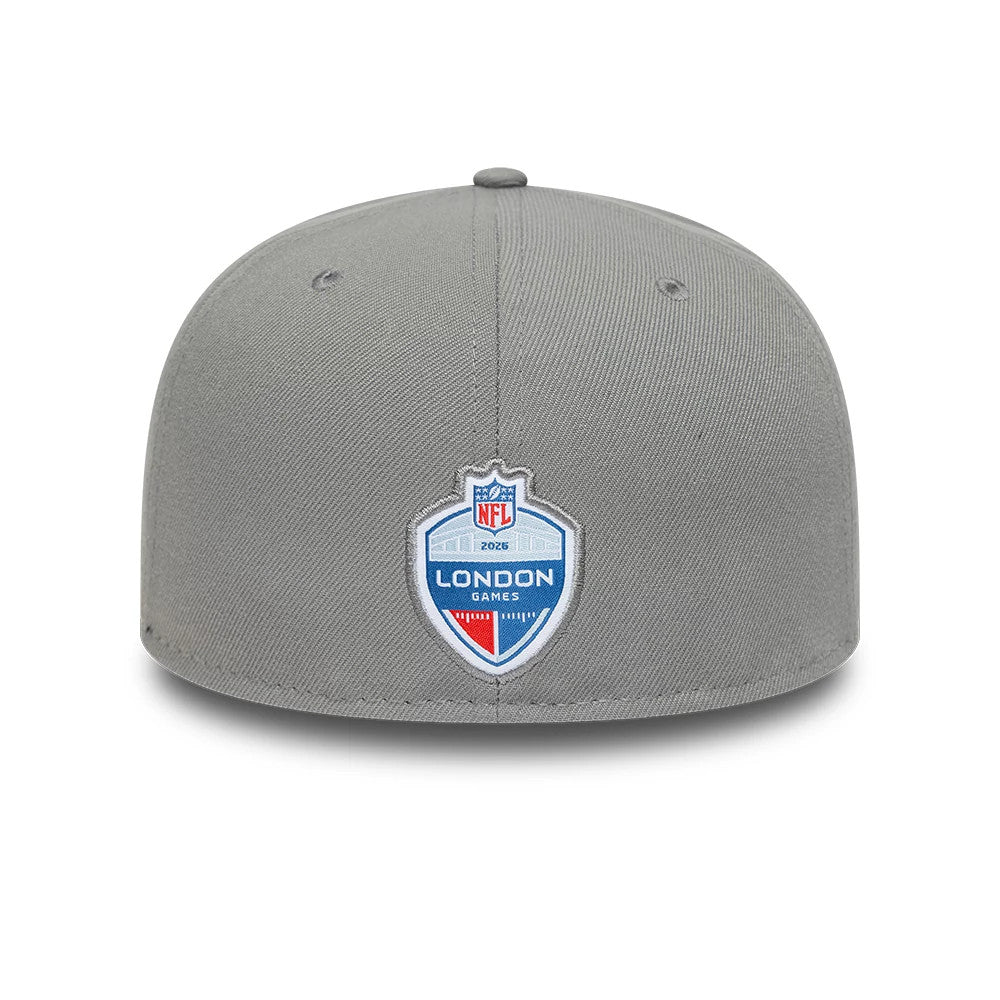 Indianapolis Colts NFL International Games Grey New Era 59FIFTY Fitted Cap, rear view showing the embroidered NFL London Games logo shield at the centre of the grey crown, with eyelets and a curved seam running along the cap's panels.