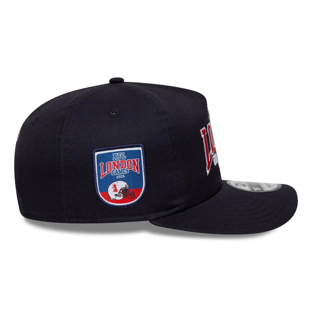 Houston Texans NFL International Games 2026 London Navy New Era 19TWENTY Adjustable Cap, side view showing the embroidered NFL London Games 2026 patch on the side panel, a slightly curved navy visor, and a 19TWENTY size sticker on the top.