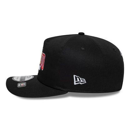 Cincinnati Bengals NFL International Games 2026 Madrid Black New Era 19TWENTY Adjustable Cap, side view showing the white embroidered New Era flag logo on the left side, a structured black crown with a flat visor, and the 19TWENTY size sticker.