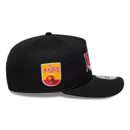 Cincinnati Bengals NFL International Games 2026 Madrid Black New Era 19TWENTY Adjustable Cap, side view showing the NFL Madrid Game patch in red and yellow embroidery on the left panel, with a curved visor and eyelets on the black crown.