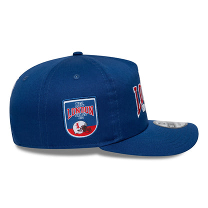 Indianapolis Colts NFL International Games 2026 London Blue New Era 19TWENTY Adjustable Cap, side view showing the embroidered NFL London Games 2026 patch on the mid panel, curved visor with a 19TWENTY size sticker, and a deep blue structured crown.