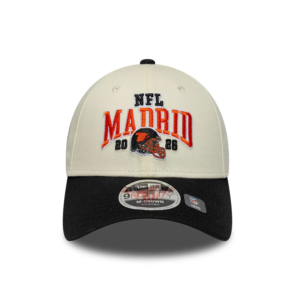 Pictured is this NFL International Games 2026 Madrid Cincinnati Bengals 9FORTY M-Crown cap in white & black. 2