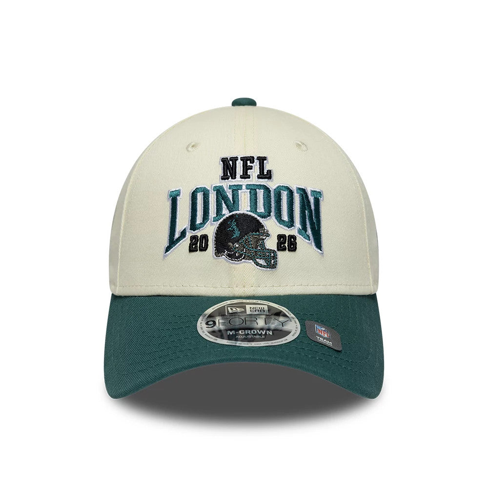 Pictured is this NFL International Games 2026 London Philadelphia Eagles 9FORTY M-Crown cap in white & dark green. 2