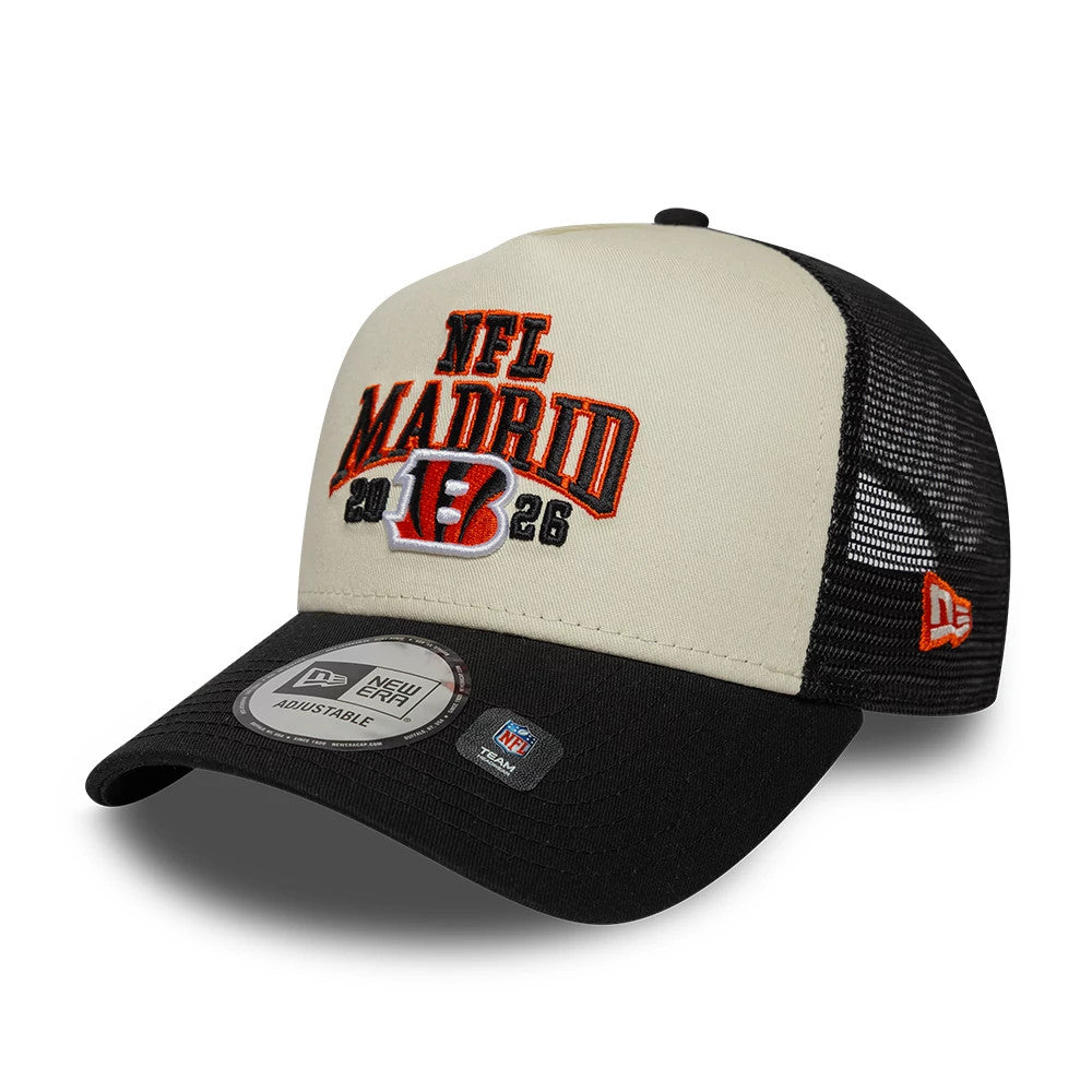 Pictured is this NFL International Games 2026 Madrid Cincinnati Bengals 9FORTY A-Frame Trucker cap in black. 3