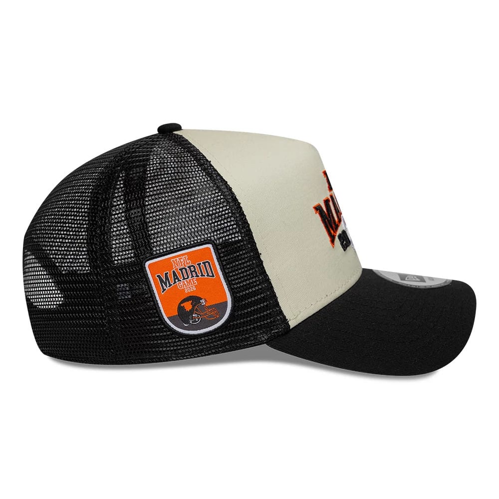 Pictured is this NFL International Series Games 2026 Madrid Cincinnati Bengals 9FORTY A-Frame Trucker cap in black. 5