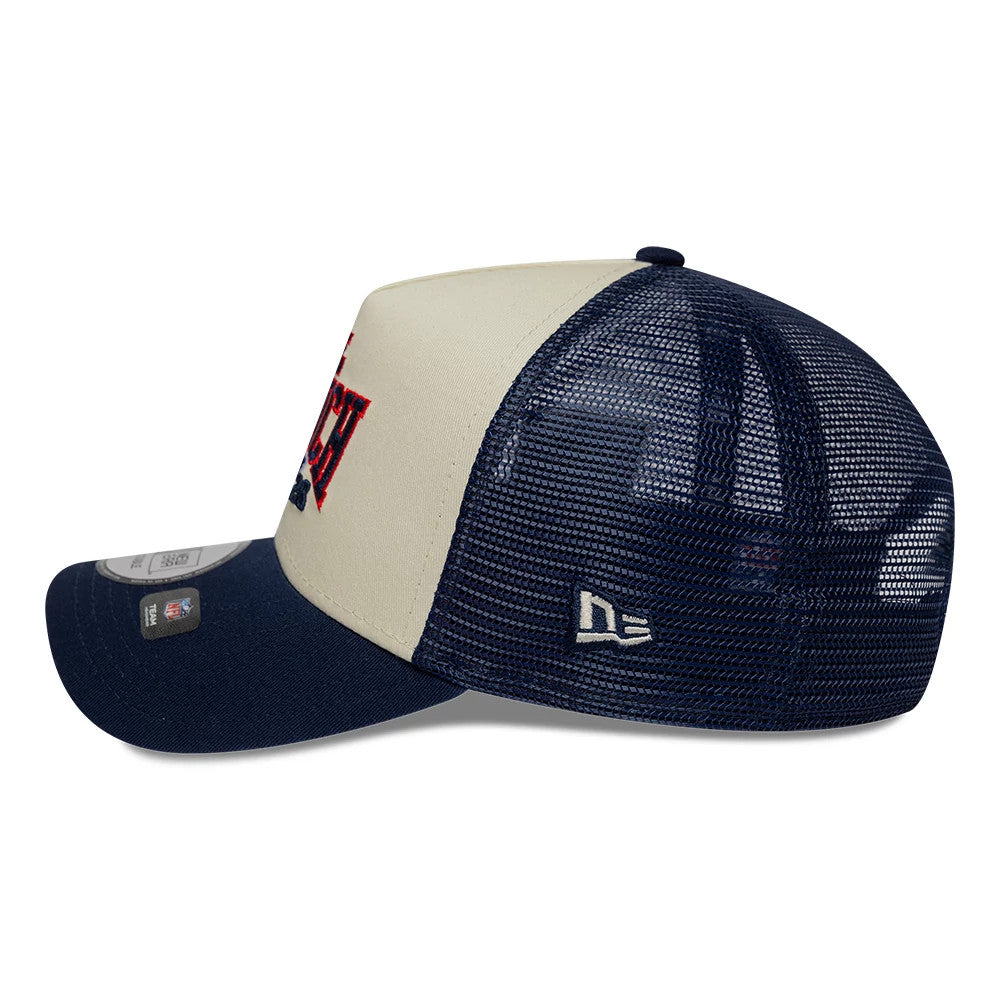 Pictured is this NFL International Games 2026 Munich New England Patriots 9FORTY A-Frame Trucker cap in dark blue. 4