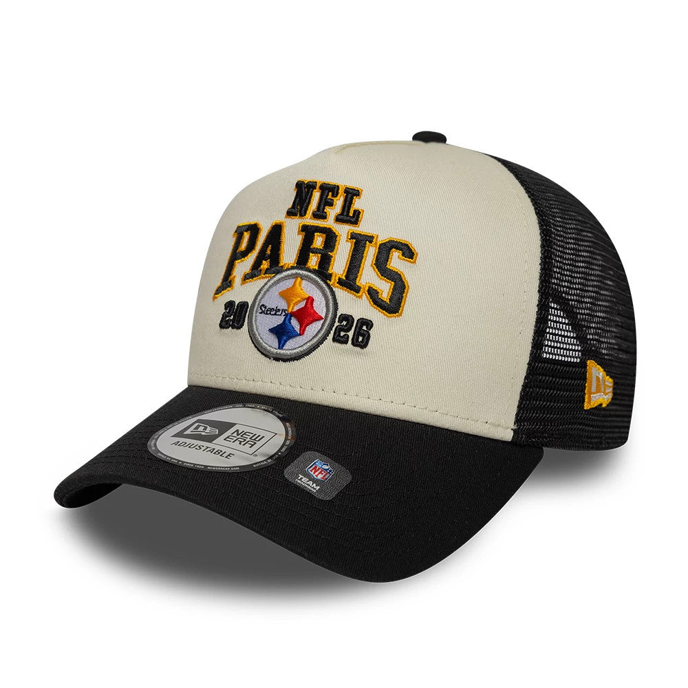 Pictured is this NFL International Games 2026 Paris Pittsburgh Steelers 9FORTY A-Frame Trucker cap in black. 3