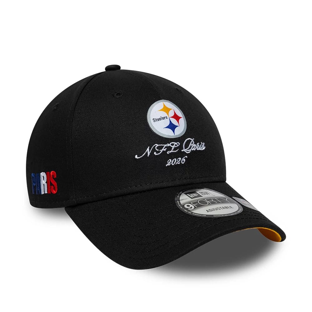 Pictured is this NFL International Series Games 2026 Paris Pittsburgh Steelers 9FORTY cap in black. 1