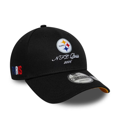 Pictured is this NFL International Series Games 2026 Paris Pittsburgh Steelers 9FORTY cap in black. 1