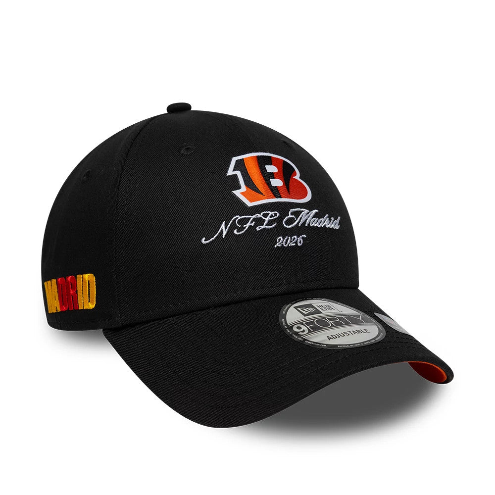 Pictured is this NFL International Games 2026 Madrid Cincinnati Bengals 9FORTY cap in black. 1