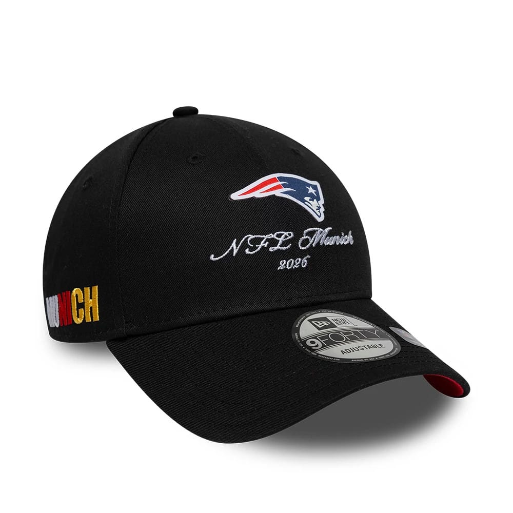 Pictured is this NFL International Series Games 2026 Munich New England Patriots 9FORTY cap in black. 1
