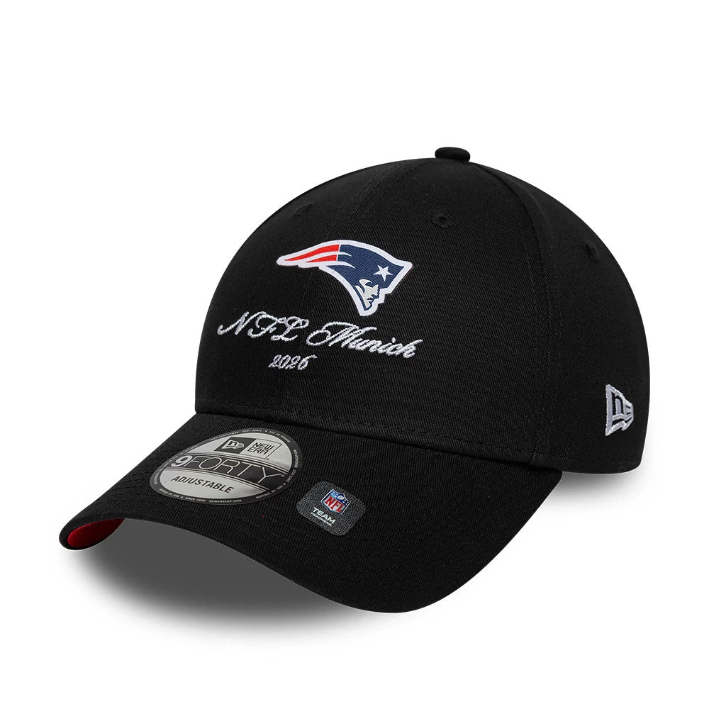Pictured is this NFL International Games 2026 Munich New England Patriots 9FORTY cap in black. 4