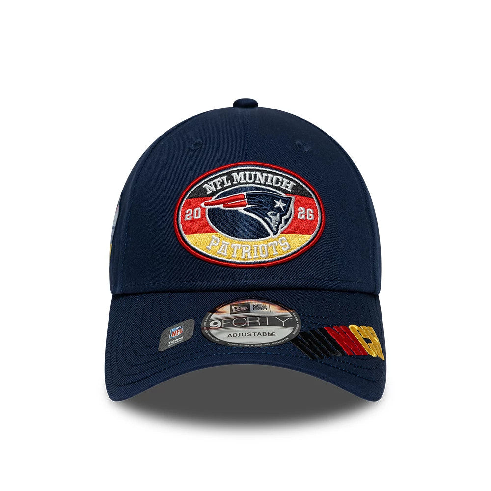 Pictured is this NFL International Games 2026 Munich New England Patriots 9FORTY cap in dark blue. 2