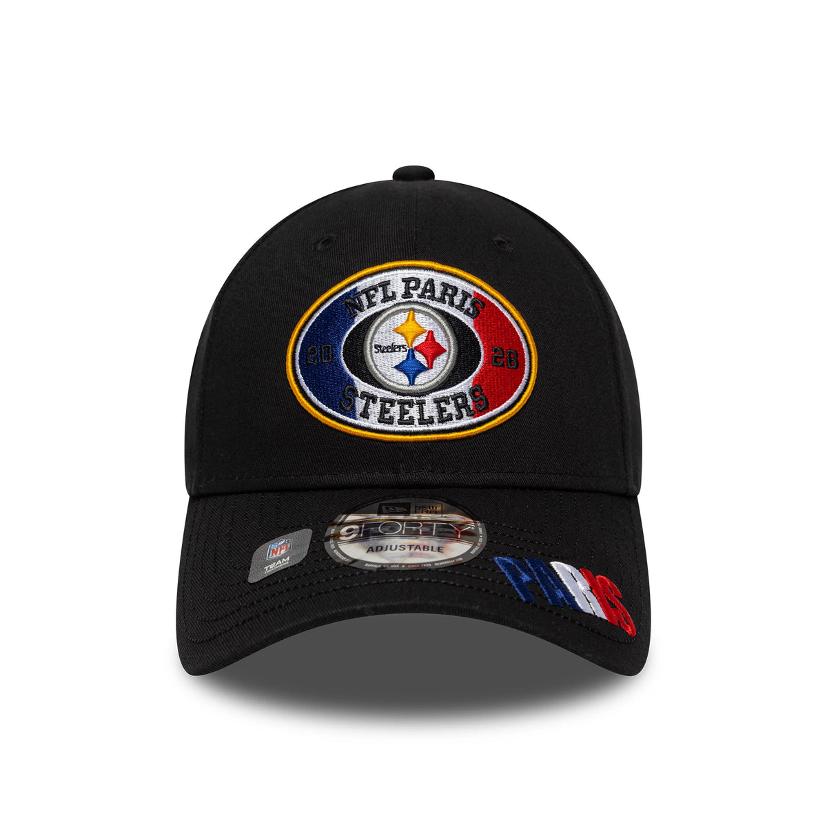 Pictured is this NFL International Games 2026 Paris Pittsburgh Steelers 9FORTY cap in black. 2