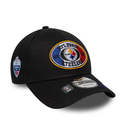 Pictured is this NFL International Games 2026 Paris Pittsburgh Steelers 9FORTY cap in black. 1