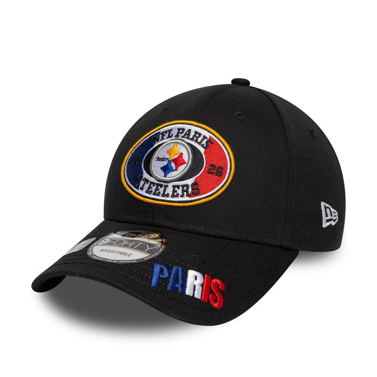 Pictured is this NFL International Series Games 2026 Paris Pittsburgh Steelers 9FORTY cap in black. 3